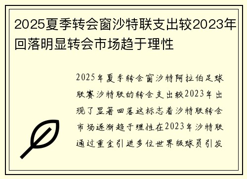 2025夏季转会窗沙特联支出较2023年回落明显转会市场趋于理性 2025夏季转会窗沙特联支出较2023年回落明显转会市场趋于理性